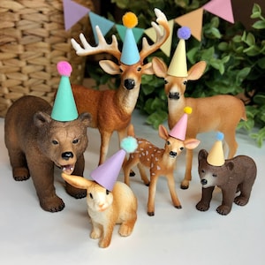 DIY Mini Partyhüte Set 20 / 24 Stück für Schleichtiere Dekoration Kinder Geburtstag Motto Kindergeburtstag Waldtiere Party Deko Bild 1