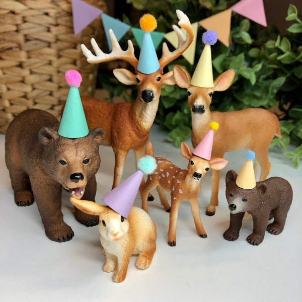 DIY Mini Partyhüte Set - 20 / 24 Stück - für Schleichtiere - Dekoration - Kinder Geburtstag- Motto Kindergeburtstag - Waldtiere - Party Deko