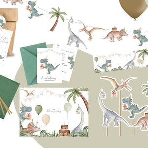 Coffret de fête dinosaure pour 6, 9, 12 invités – Boîte de décoration de fête dinosaure avec guirlande, ballons, cartes d'invitation et bien plus encore. - Anniversaire des enfants - Bohème
