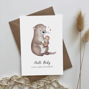 Birth card Otter “Hello Baby – Happy Birth” – personalized on request – watercolor birth card for girls or boys –
