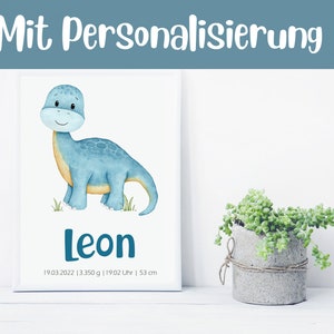 Poster Baby Dino Brachiosauro - personalizzato - DIN A4 o A3 - cameretta dei bambini - poster per bambini - acquerello - dinosauro - regalo - nascita