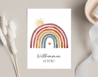 Biglietto di auguri di nascita arcobaleno con cuore e alba - Benvenuti al mondo - Cartolina - Biglietto di congratulazioni - Biglietto di nascita - Acquerello