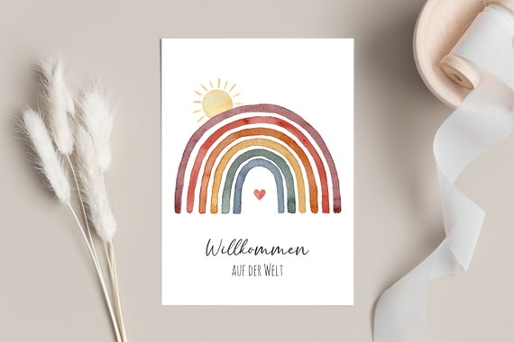 Geburtskarte Regenbogen mit Herz und Sonnenaufgang - Willkommen auf der Welt - Postkarte - Glückwunschkarte - Karte zur Geburt - Aquarell