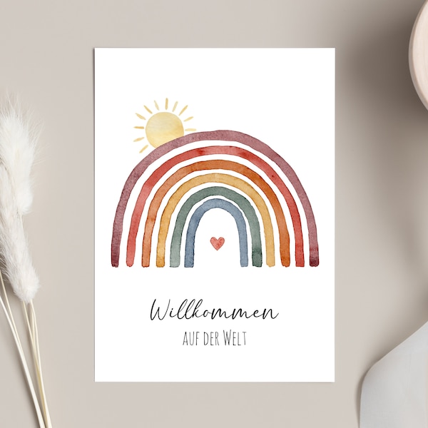 Tarjeta de anuncio de nacimiento arcoíris con corazón y amanecer - Bienvenido al mundo - Postal - Tarjeta de felicitaciones - Tarjeta de anuncio de nacimiento - Acuarela