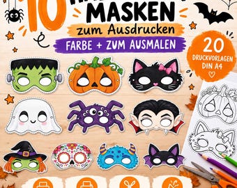 Könnte beinhalten: Ein Set aus 10 Halloween-Masken zum Ausdrucken mit Motiven wie einem grünen Monster, Kürbis, Katze, Geist, Spinne, Vampir, Hexe, Totenkopf, blauem Monster und Fledermaus. Enthält farbige Vorlagen sowie Schwarz-Weiß-Versionen zum Ausmalen.