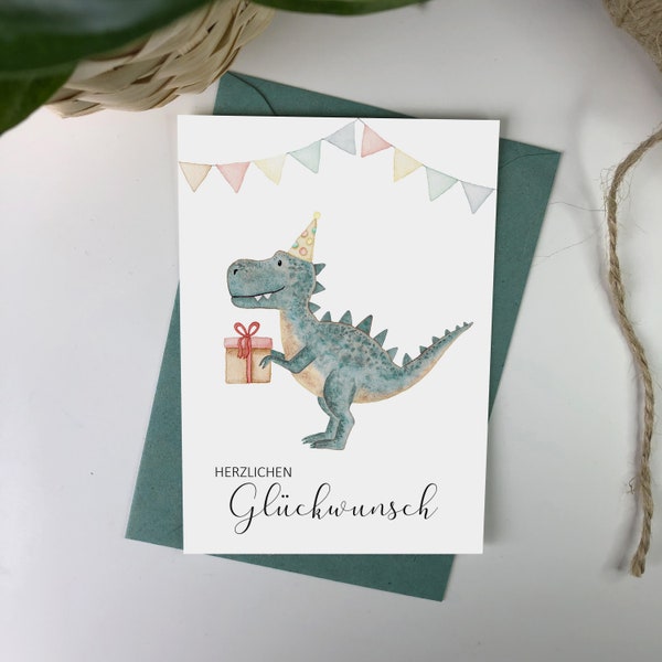 Geburtstagskarte Dino mit Partyhut und Geschenk  zum Geburtstag - Postkarte - Geburtstagsgeschenk - Dinosaurier - auf Wunsch mit Name