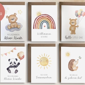 Lot de 6 cartes de naissance - jolies cartes postales pour garçons et filles - carte de félicitations - carte de naissance - aquarelle - ours - hérisson - soleil