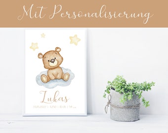 Poster Teddybär auf Wolke - personalisiert - DIN A4 oder A3 - Kinderzimmer - Kinderposter - Aquarell - Geburtsposter - Geschenk - Geburt