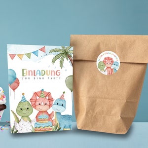 Mitgebsel Kindergeburtstag Tüten mit Aufkleber - auch im Set mit Einladungskarten und beschreibbarer Rückseite - Dino Party - Gastgeschenk