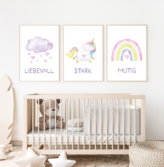 Kindermut Einhorn Poster Set - 4 DIN A4 Wandbilder Kinderzimmer Deko