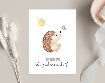 Geburtskarte Igel - Wie schön, dass du geboren bist - Postkarte - Glückwunschkarte - Karte zur Geburt - Aquarell - Waldtiere - Frühling
