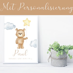 Poster orsetto con stella - personalizzato - DIN A4 o A3 - cameretta dei bambini - poster per bambini - acquerello - poster di nascita - regalo - nascita