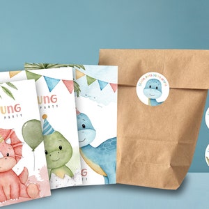 Bolsas de fiesta de cumpleaños infantiles con pegatinas, también en set con tarjetas de invitación y reverso para escribir, fiesta de dinosaurios, regalo para invitados
