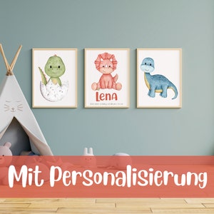 Poster Baby Dino - Set da 3 - Personalizzato - DIN A4 o A3 - Camera dei bambini - Poster per bambini - Acquerello - Dinosauro - Regalo - Compleanno