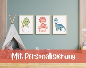 Baby Dino Poster - 3er Set - personalisiert - DIN A4 oder A3 - Kinderzimmer - Kinderposter - Aquarell - Dinosaurier - Geschenk - Geburtstag
