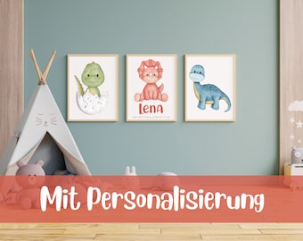 Baby Dino Poster - Set of 3 - personalized - DIN A4 or A3 - Children's room - Children's poster - Watercolor - Dinosaurs - Gift - Birthday
