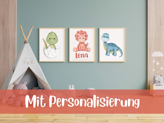 Baby Dino Poster - 3er Set - personalisiert - DIN A4 oder A3 - Kinderzimmer - Kinderposter - Aquarell - Dinosaurier - Geschenk - Geburtstag
