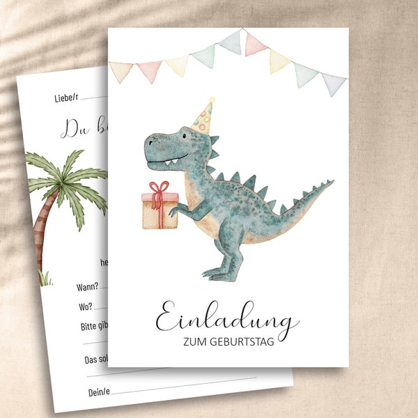 T-Rex kinderverjaardagsuitnodigingskaarten met beschrijfbare achterkant - diverse sets - Dino Party - Birthday Party - Tyrannosaurus