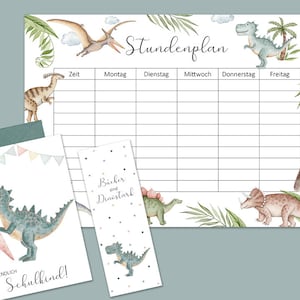 3er-Set Einschulung Dinosaurier - Postkarte - Stundenplan - Lesezeichen - Erster Schultag - Schulstart - Schulkind - Kind - Schulanfang