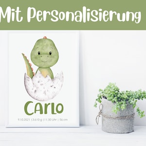 Poster Baby Dino Tyrannosaurus Rex in uovo - Personalizzato - DIN A4 o A3 - Cameretta dei bambini - Poster per bambini - Acquerello - Dinosauro - Nascita