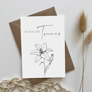Carte de deuil "En deuil silencieux" avec lys - invitation aux funérailles - carte - carte de condoléances - carte de remerciement - fleur - A6 noir et blanc