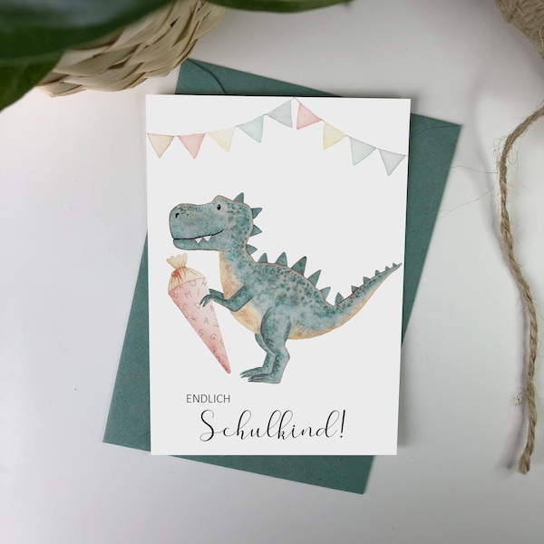 Dino mit Schultüte - Postkarte - Einschulung - Erster Schultag - Dinosaurier - Schulstart - Kind - Schule - Schulkind - Schulanfang - Karte