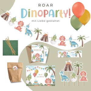 Set de fiesta de dinosaurios para 6, 9, 12 invitados: caja decorativa para fiesta de dinosaurios con guirnaldas, globos, tarjetas de invitación y mucho más. - Fiesta de cumpleaños infantil - colorida