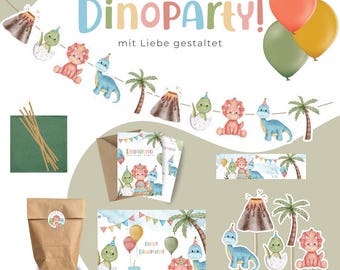 Zestaw imprezowy z dinozaurami dla 6, 9, 12 osób - Pudełko dekoracyjne na imprezę Dino z girlandą, balonami, zaproszeniami i wieloma innymi dodatkami. - Przyjęcie urodzinowe dla dzieci - kolorowe