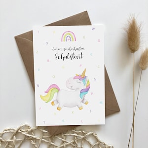 Eenhoorn met letters - ansichtkaart - schoolinschrijving - eerste schooldag - schoolstart - kind - school - scholier - meisje - terug naar school - kaart