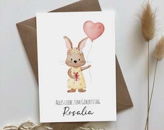 Carte d'anniversaire lapin avec ballon coeur - personnalisée au choix avec nom - anniversaire - joyeux anniversaire - carte de vœux - félicitations