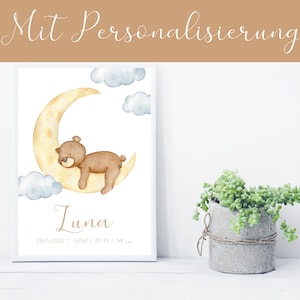 Poster orsetto sulla luna - personalizzato - DIN A4 o A3 - cameretta dei bambini - poster per bambini - acquerello - poster di nascita - regalo - nascita