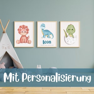 May include: Three framed watercolor illustrations of dinosaurs. The first shows a red triceratops, the second shows a blue dinosaur with the name Leon, and the third shows a green dinosaur hatching from an egg.
