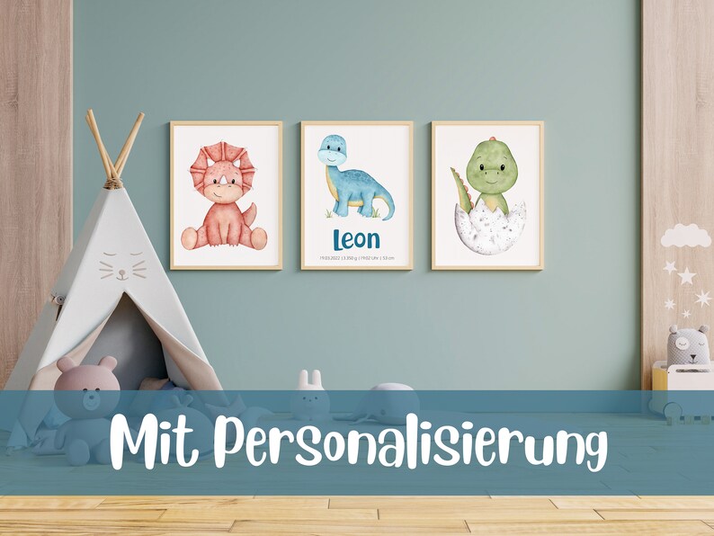 May include: Three framed watercolor illustrations of dinosaurs. The first shows a red triceratops, the second shows a blue dinosaur with the name Leon, and the third shows a green dinosaur hatching from an egg.
