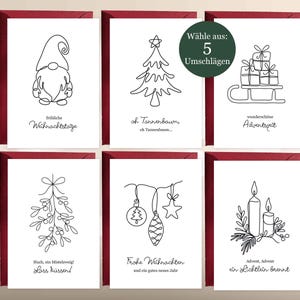 Weihnachtskarten 6er-Set optional mit Umschlägen | Handgezeichnete Weihnachtsmotive im One Line Stil in der Größe A6 | Ideal zu Weihnachten