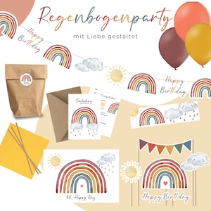 Ensemble de fête arc-en-ciel pour 6, 9, 12 invités – boîte de décoration de fête avec guirlande, ballons, cartes d'invitation et bien plus encore. - Anniversaire des enfants - Bohème