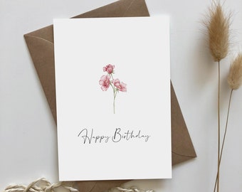 Happy Birthday - Geburtstag - Postkarte - Geburtstagskarte - Minimalistisch mit Blume - Grußkarte - Glückwunschkarte - Glückwunsch - Karte