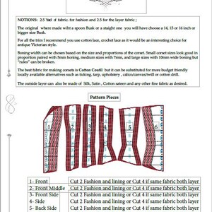 May include: Diagram showing how to cut fabric for a corset pattern. The pattern pieces are labeled 1-6: Front, Front Middle, Front Side, Side, Back Side, and Back. The instructions state to cut 2 pieces of fashion fabric and lining or 4 pieces if using the same fabric for both layers.