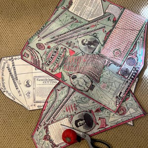 May include: A set of vintage sewing pattern pieces with a green and pink color scheme. The patterns feature illustrations of people and text that reads "Cornwell's Improved Chart for Lower Garments".