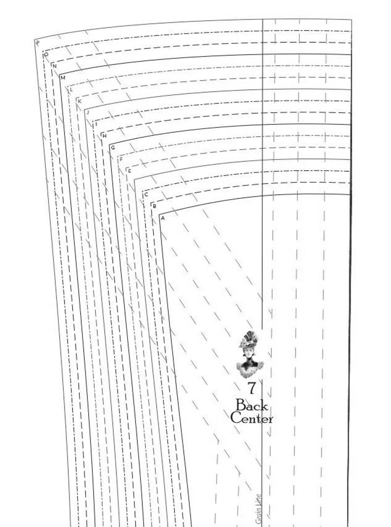 May include: A sewing pattern for a garment with a back center seam. The pattern includes multiple sizes, labeled with letters A through N. The pattern is labeled "7 Back Center".