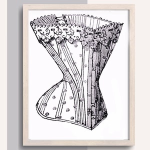 Könnte beinhalten: Eine Schwarzweißillustration eines Vintage-Korsetts mit einer Spitzenborte und einem Tupfenmuster.
