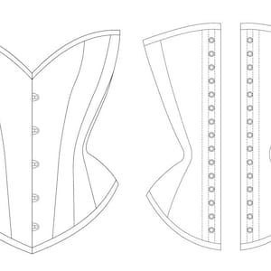 May include: A black and white line drawing of a corset with a sweetheart neckline and a busk closure. The corset has boning and a pointed bottom.