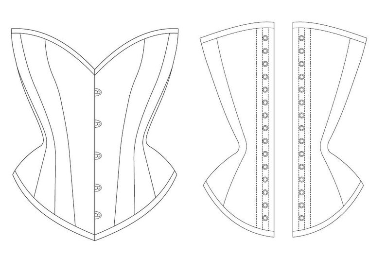 May include: A black and white line drawing of a corset with a sweetheart neckline and a busk closure. The corset has boning and a pointed bottom.