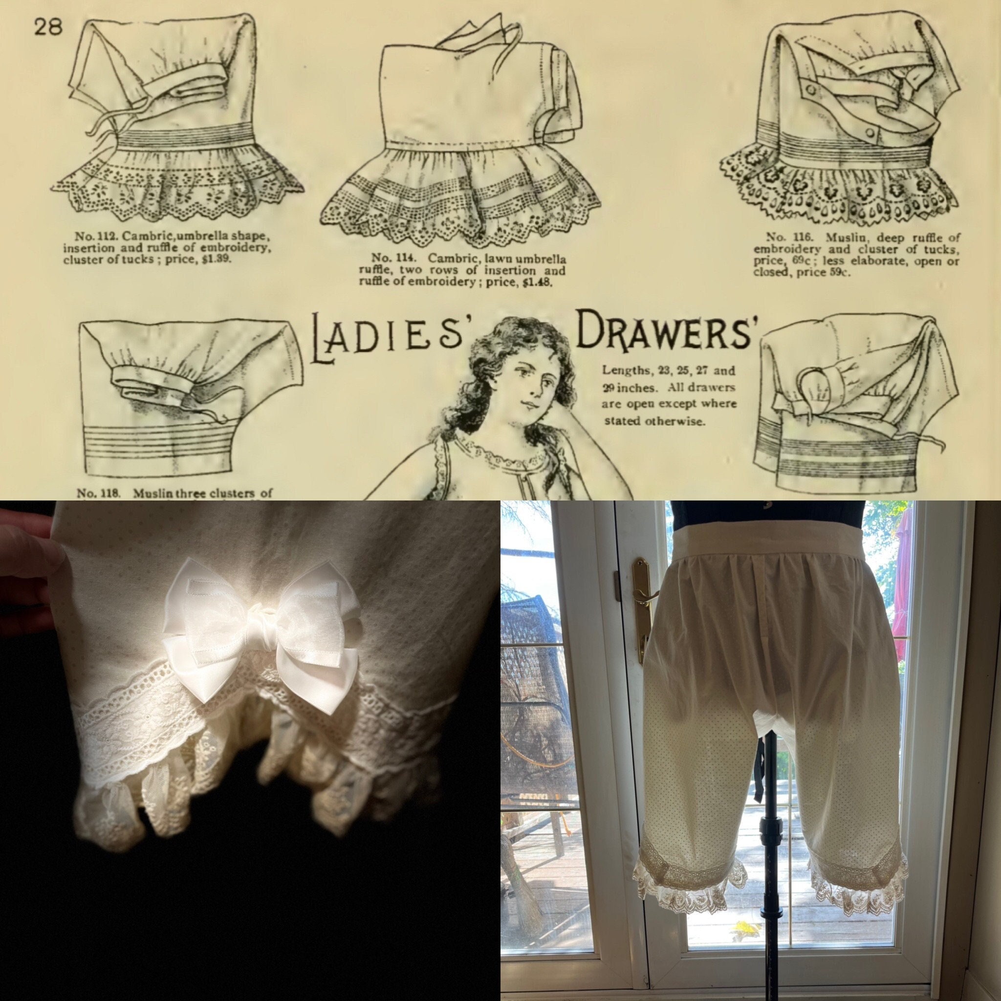 Antique Victorian White Woven Cotton Drawers with Eyelet Trim Ladies  Underwear