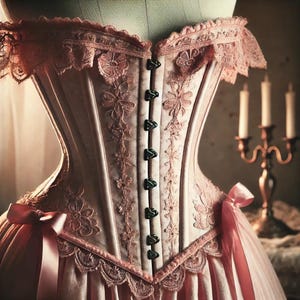 May include: A delicate pink corset with intricate lace detailing and a row of buttons down the front. The corset is made of a soft, silky fabric and has a romantic, vintage aesthetic.