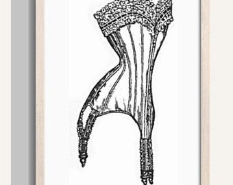 May include: A black and white line drawing of a vintage corset with boning and lace details.