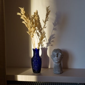 Puede incluir: Un jarr&oacute;n de vidrio azul con una superficie texturizada contiene hierbas secas de color beige. Un busto de yeso blanco de la cabeza de una persona se encuentra en un estante blanco junto al jarr&oacute;n.