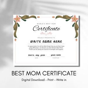 Worlds Best Mom Certificate, Mothers Day, Gift from Adults, Children, Kids, Toddlers, Baby, Keepsake, Printable