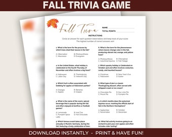 May include: A printable fall trivia game with 10 questions about autumnal traditions and facts. The game features a colorful fall leaf design and the text "Fall Trivia Game".