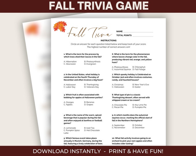 Fall Trivia Game, Printable Autumn Game, Fall Time Activities for ...