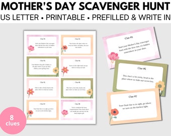 Mothers Day Scavenger Hunt, Scavenger Hunt Cards, Prefilled, Blank, Mothers Day Game, Clue Cards, DIY